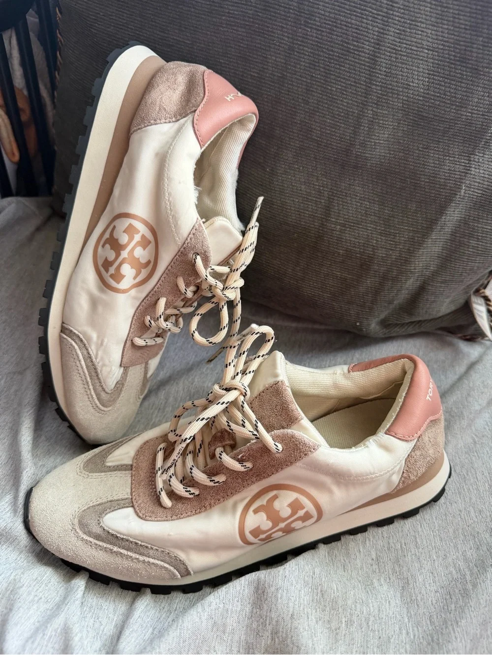 Tory Burch Cream and Pink Suede & Nylon Sneakers